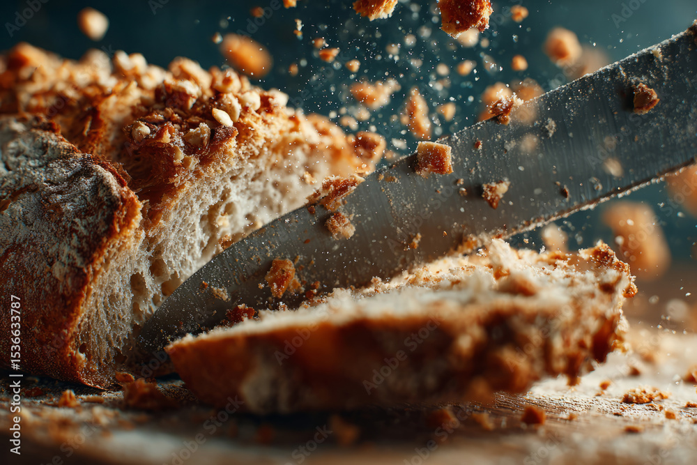 Fototapeta premium Knife slicing fresh crusty homemade bread