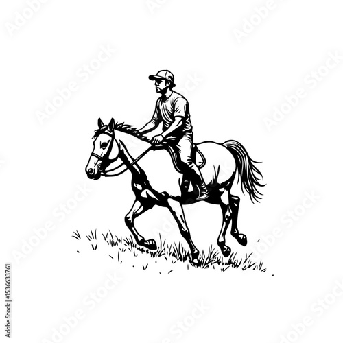 Dynamic Black and White Illustration of Horseback Riding and Equestrian Sport