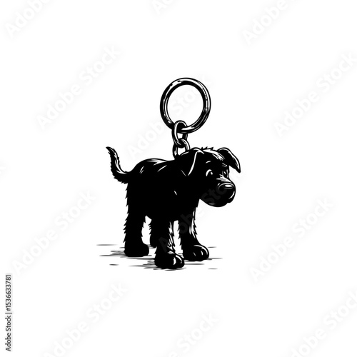 Cartoon black dog keychain illustration with a playful and whimsical design
