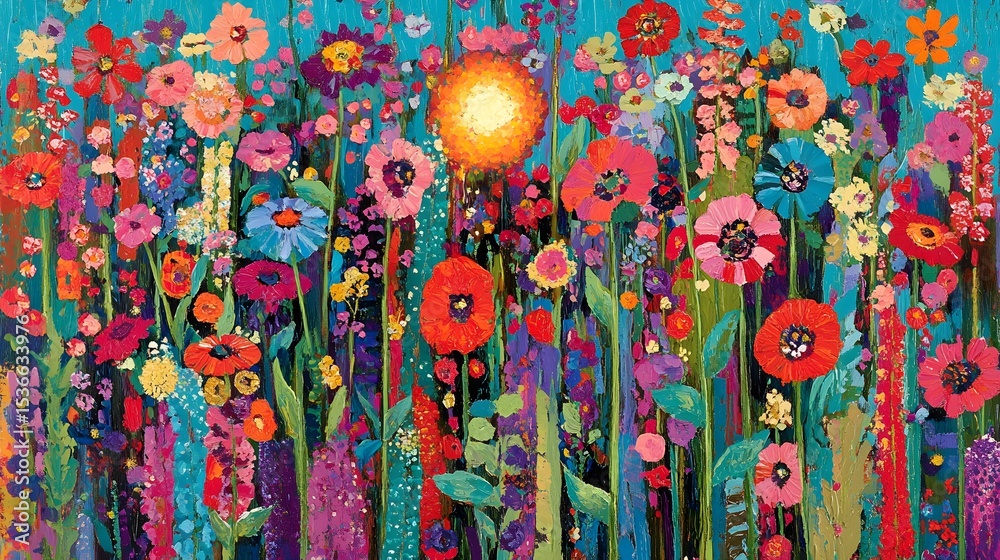 Naklejka premium Vibrant Summer Garden Flowers Painting, Colorful Floral Artwork