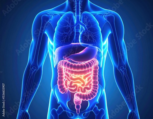 3D medical illustration of human torso showing the digestive system in bright colors, including intestines, stomach, and internal organs.