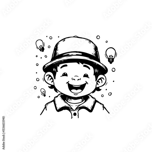 Smiling boy with hat and light bulbs cartoon illustration in black and white