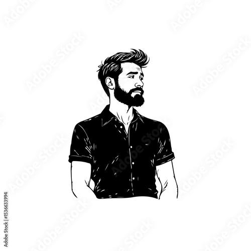 Stylized Illustration of a Bearded Man with a Black Shirt and Hair