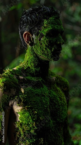 Artistic portrait of a man covered in thick green moss, merging with the forest background in a mysterious, natural setting.