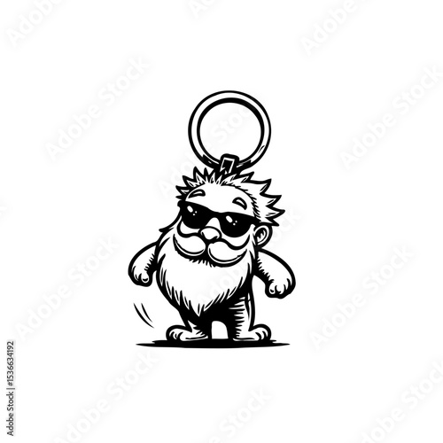 Cartoonish character keychain with sunglasses and beard black and white illustration