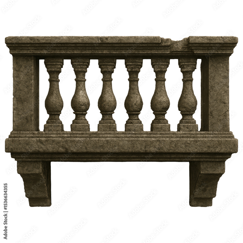 Fototapeta premium Antique Stone Balcony Railing Design Element Damaged Balustrade Architecture Detail