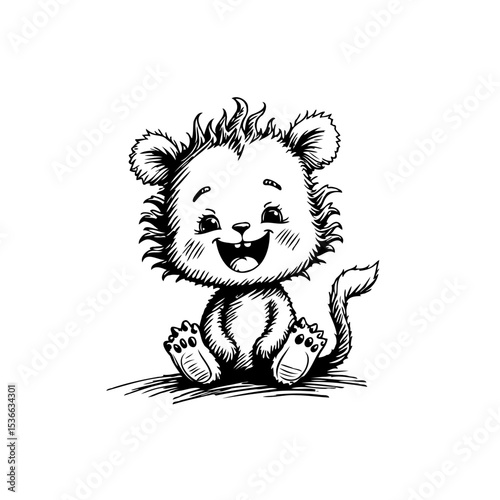 Charming hand drawn illustration of a cute cartoon lion cub in black and white