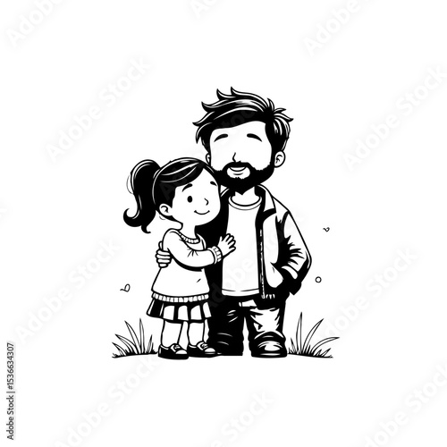Illustration of a father and daughter sharing a hug on a white background