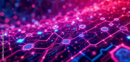 Futuristic digital circuit board with glowing neon hexagonal nodes and connections illustrating advanced technology