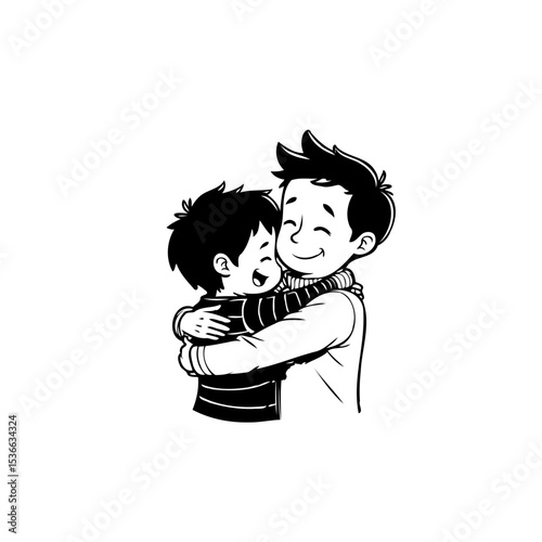 Affectionate Embrace: Cartoon illustration of two brothers sharing a loving hug moment