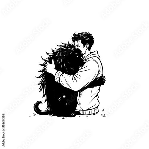 Heartwarming illustration of a man embracing a unique furry creature affectionately