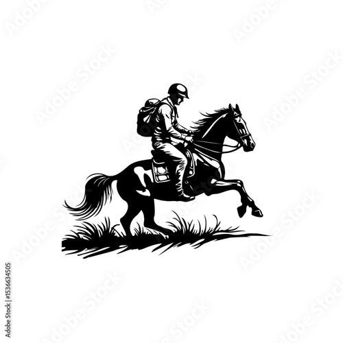 Equestrian Silhouette: Black and White Illustration of a Horse and Rider in Action