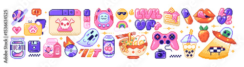 Pixel art icons set. Design elements of 8bit arcade video games. 8 bit emoticons, computer interface of videogame in retro style. Y2K stickers. Vector illustrations isolated on white background