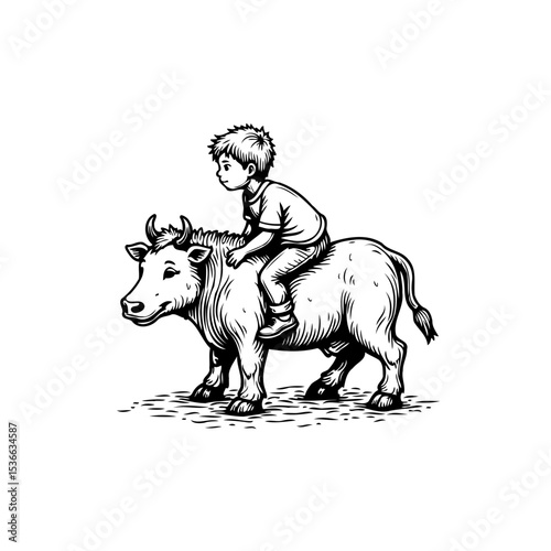 A charming illustration depicting a young boy riding a friendly and docile ox with happiness