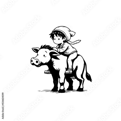 Cartoon illustration of a child riding a cow showcasing innocence and playfulness
