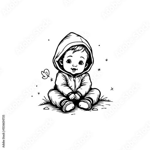 Adorable baby in hooded jumpsuit, a cute innocence vector art illustration
