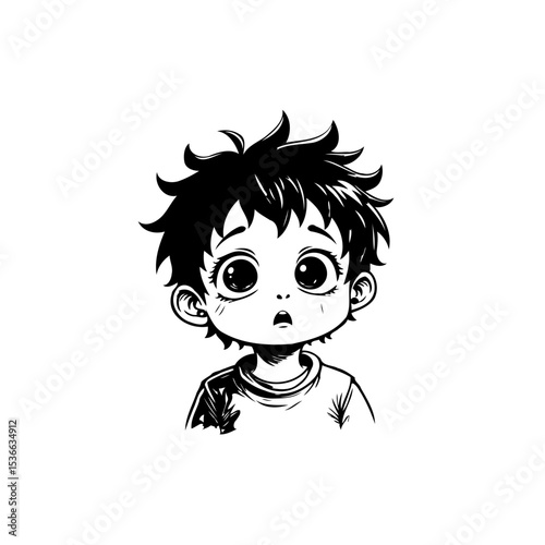 Expressive manga style illustration of a surprised young boy with detailed eyes