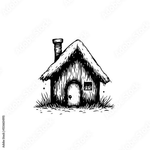 Whimsical illustration of a thatched cottage with chimney in black and white