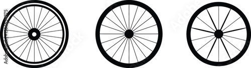 Three Bicycle Wheel Designs with Varying Spoke Patterns in Black and White