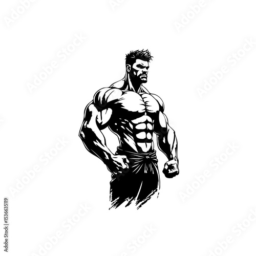 Powerful Muscular Man Illustration: Strength, Fitness, and Determination in Black and White