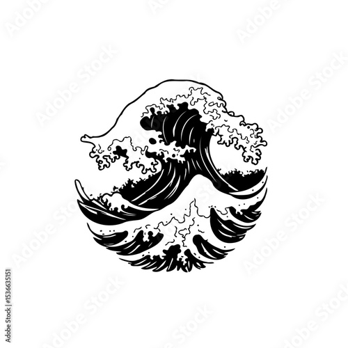 Monochrome wave tattoo illustration conveying a strong sense of ocean power