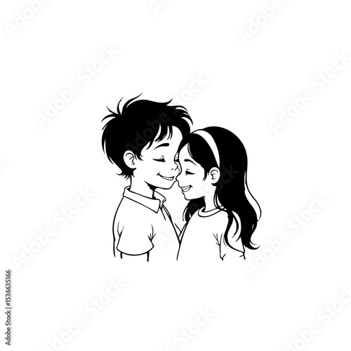 Charming illustration of a boy and girl sharing a sweet, intimate moment together