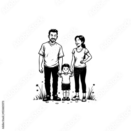 Happy family portrait illustration with a child, father and mother outdoors