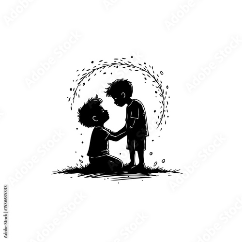Silhouette Depiction of Two Children Sharing a Tender Moment of Connection
