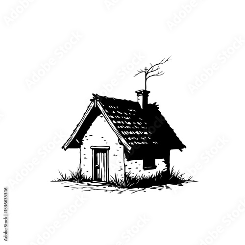 Enchanting monochrome illustration of a cozy cottage, evoking warmth and simplicity