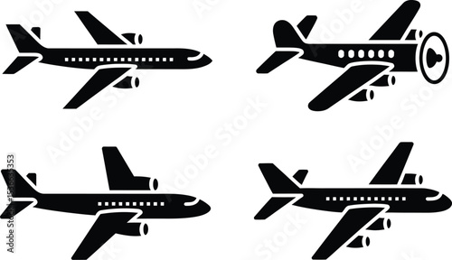 Four Different Airplane Silhouettes in Black and White for Aviation Designs