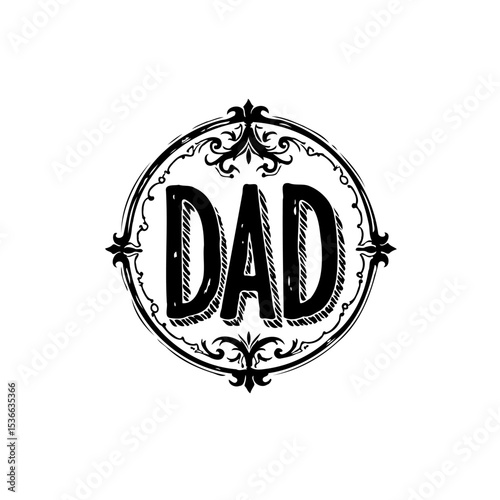 Vintage Dad Emblem: Father's Day Celebration with Decorative Black and White Design