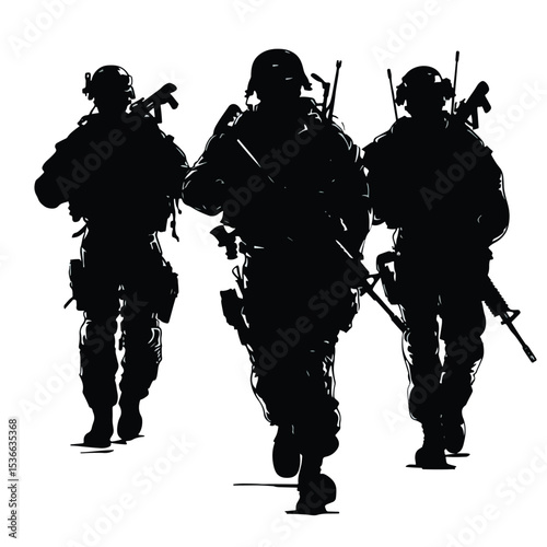 silhouette soldiers special forces team full uniform walking action