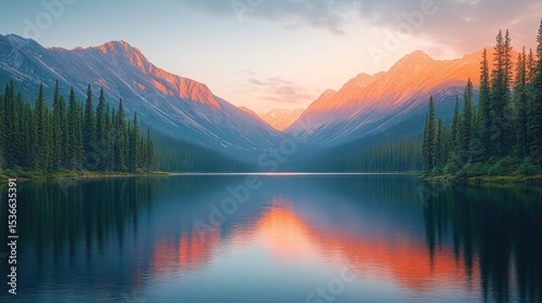 Serene mountain lake at sunset