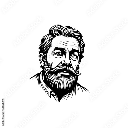 Intricate line art portrait of a distinguished gentleman with a full beard
