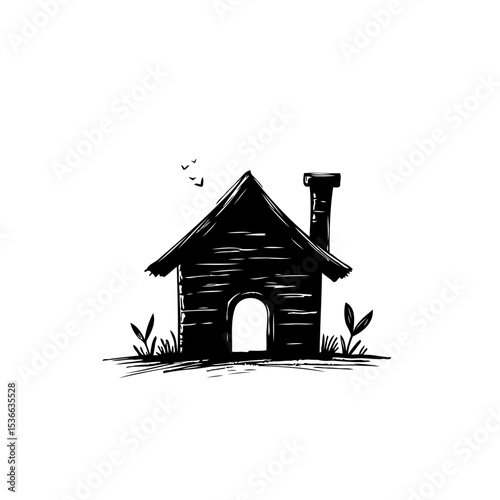 Whimsical black and white illustration of a cozy home with chimney design