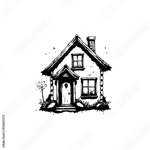 Charming Black and White Cottage Illustration with Traditional Architecture Design