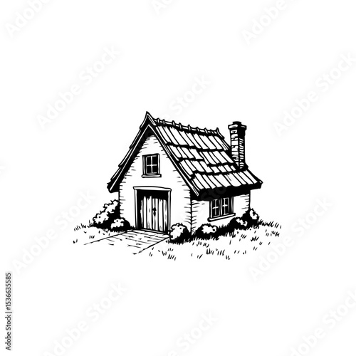 Quaint black and white line drawing of a cozy cottage with a chimney