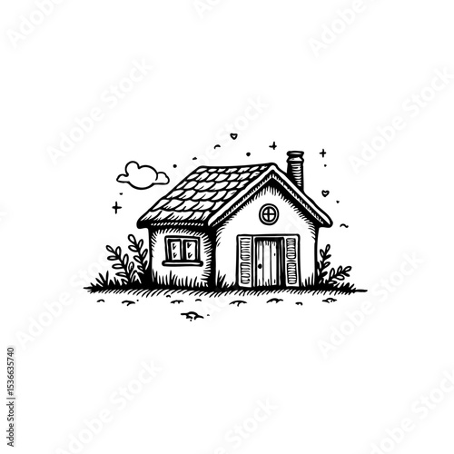 Whimsical Hand-Drawn House Illustration with Shingles and Shutters for a Storybook Feel