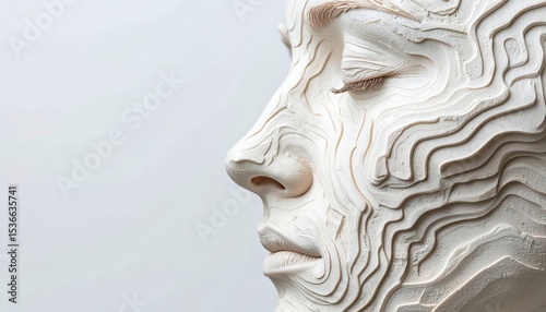 Sculptural side view of a woman face designed with flowing topographic layers, combining artistic expression with geographic aesthetics. photo