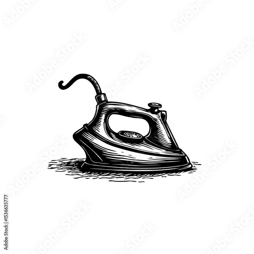 Vintage Iron Illustration: Classic Laundry Appliance in Black and White Etching Style