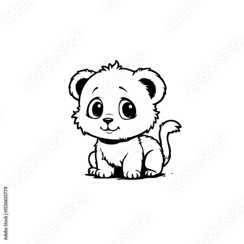 Charming Black and White Illustration of a Cute Baby Lion Cub Character