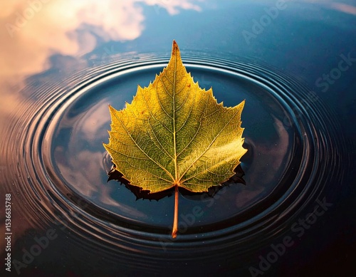 Golden-yellow leaf gently drifts on dark reflective water, surrounded by concentric ripples and soft sky reflections, symbolizing calm and change.
