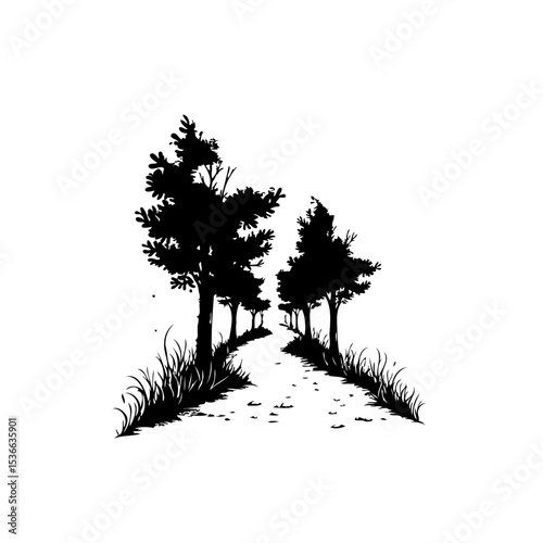 Serene woodland path in black and white illustration offering tranquil escape