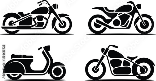 Motorcycle Vector Icons Set Featuring Chopper Cruiser Bobber and Scooter Designs