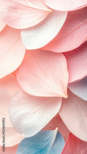 Close-up of overlapping leaves in gentle pastel hues of pink, white, and blue, forming an elegant, soothing botanical arrangement.