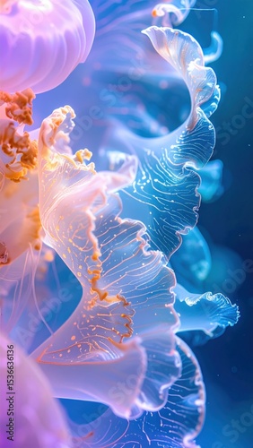 Close-up of a radiant jellyfish with glowing tentacles and ruffled edges, floating gracefully in the deep blue sea.