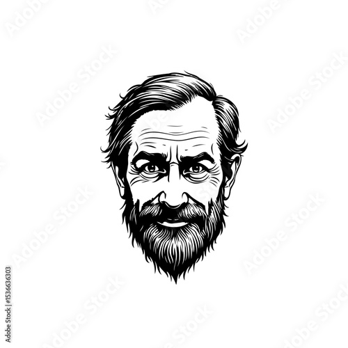 Detailed black and white portrait of a mature man with a beard and textured hair