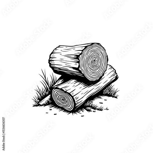 Monochrome illustration of stacked logs showcasing natural rings and wood texture