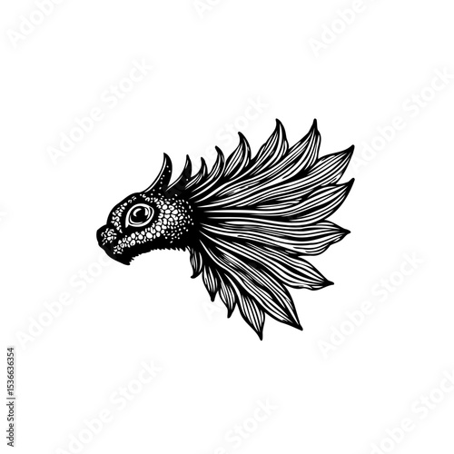 Detailed Ink Drawing of Fantasy Creature Head with Elaborate Feathered Mane