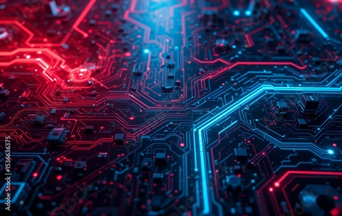 Close up view of a glowing futuristic digital circuit board with blue and red neon lights highlighting the complex electronic pathways